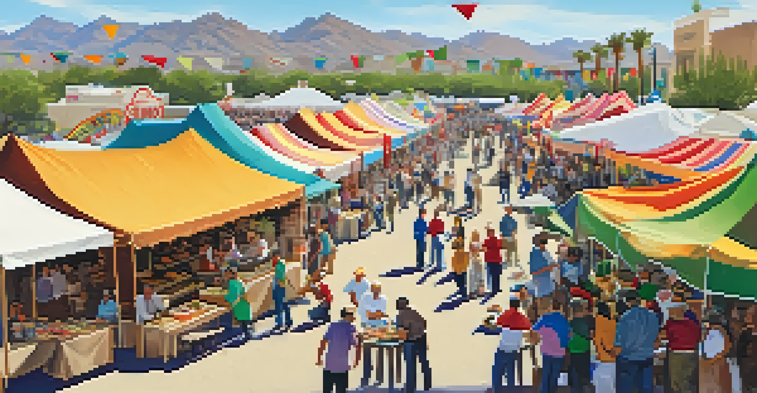 A vibrant food festival in Tucson with chefs cooking and attendees sampling food under colorful tents, showcasing the city's diverse culinary offerings.
