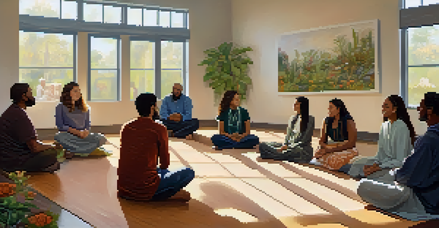 A diverse group of individuals engaged in interfaith dialogue in a bright community center, surrounded by cultural artwork.