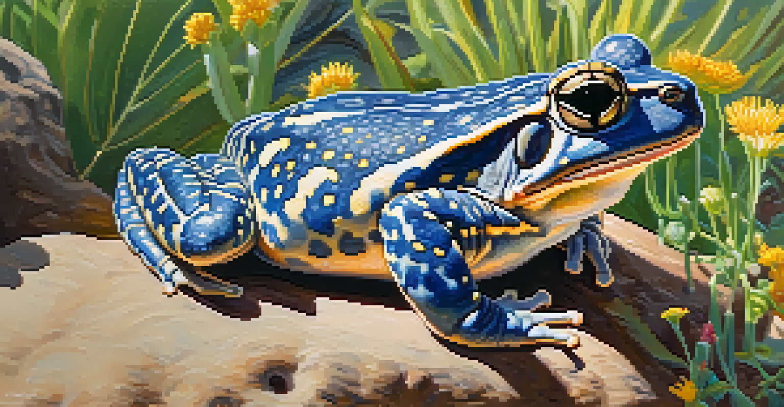 A Sonoran Desert toad on a rock surrounded by greenery and wildflowers in a restored habitat.