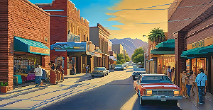 A colorful mural in Tucson depicting Native American heritage, surrounded by shops and pedestrians under a sunset.