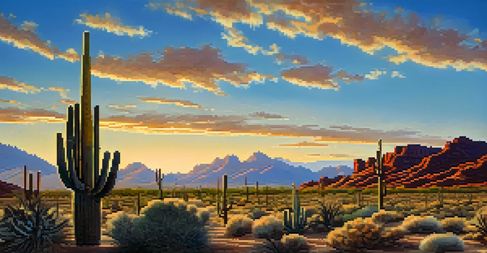 A desert landscape with a tall saguaro cactus and colorful prickly pear cacti illuminated by the golden light of sunset.