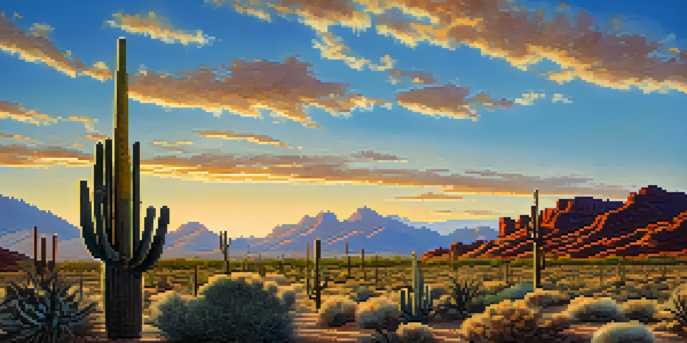 A desert landscape with a tall saguaro cactus and colorful prickly pear cacti illuminated by the golden light of sunset.