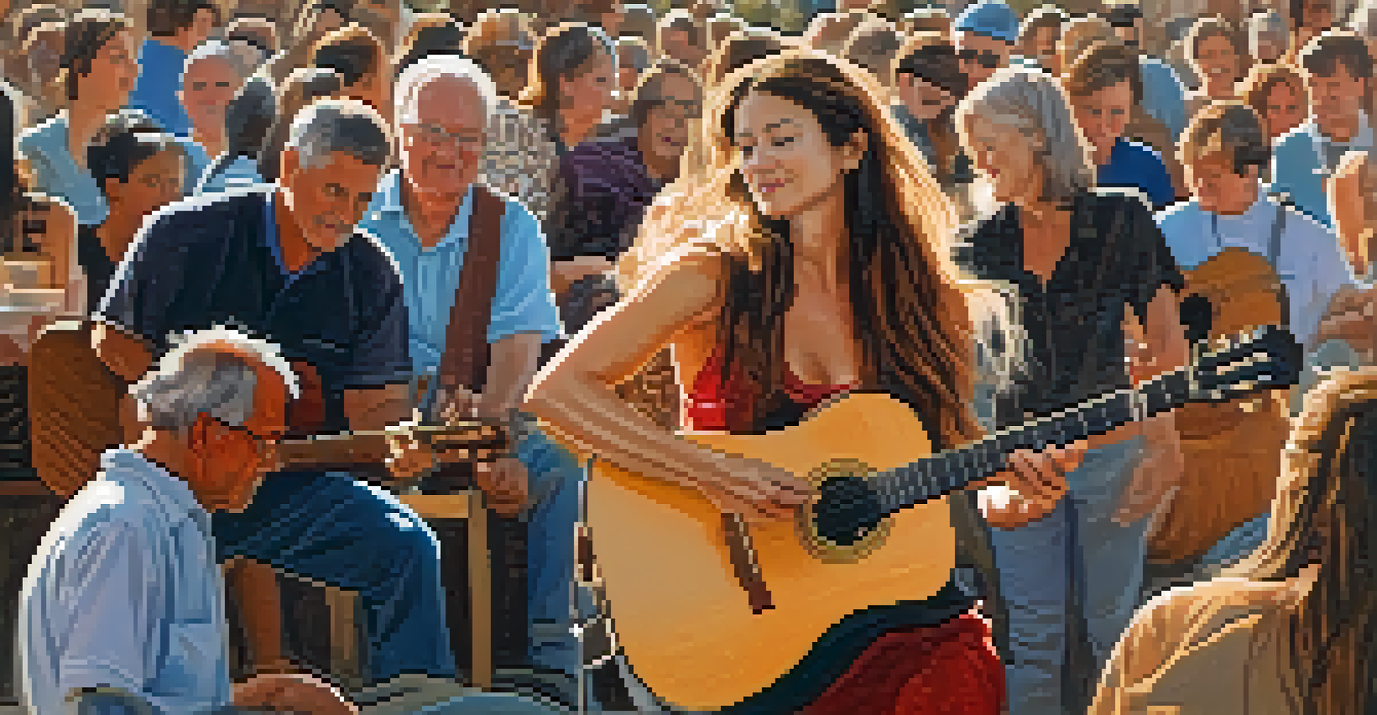 A local female artist performing on stage at a folk festival, with an engaged audience listening intently.
