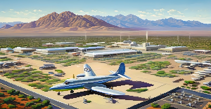 Aerial view of Tucson, Arizona, featuring Tucson Municipal Airport and vintage aircraft under a clear blue sky.