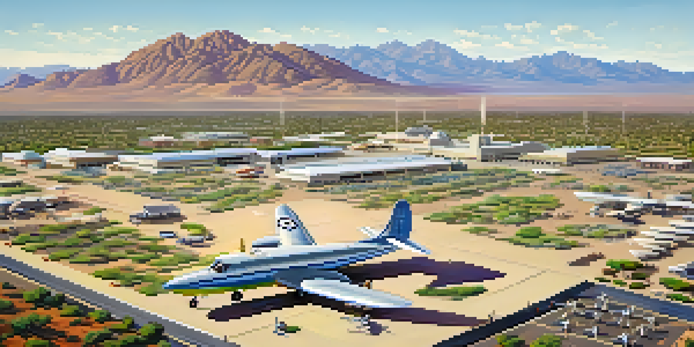 Aerial view of Tucson, Arizona, featuring Tucson Municipal Airport and vintage aircraft under a clear blue sky.