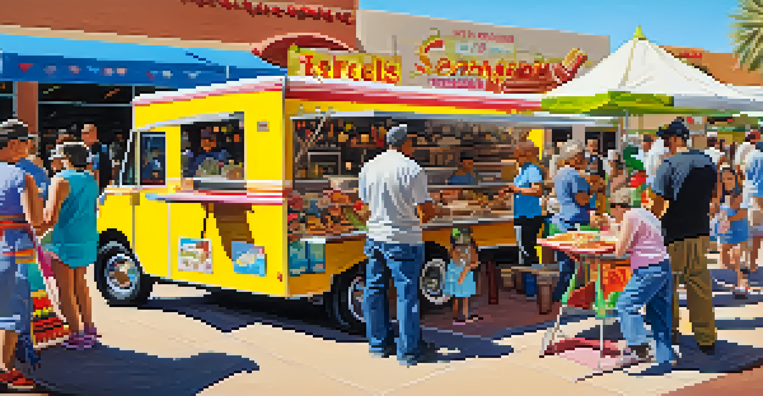 Food vendors at the Tucson festival serving local dishes, with people enjoying various cuisines surrounded by bright decorations.