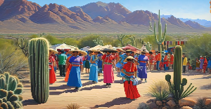 A lively outdoor festival showcasing Tohono O'odham culture with dancers in traditional attire and a desert backdrop.