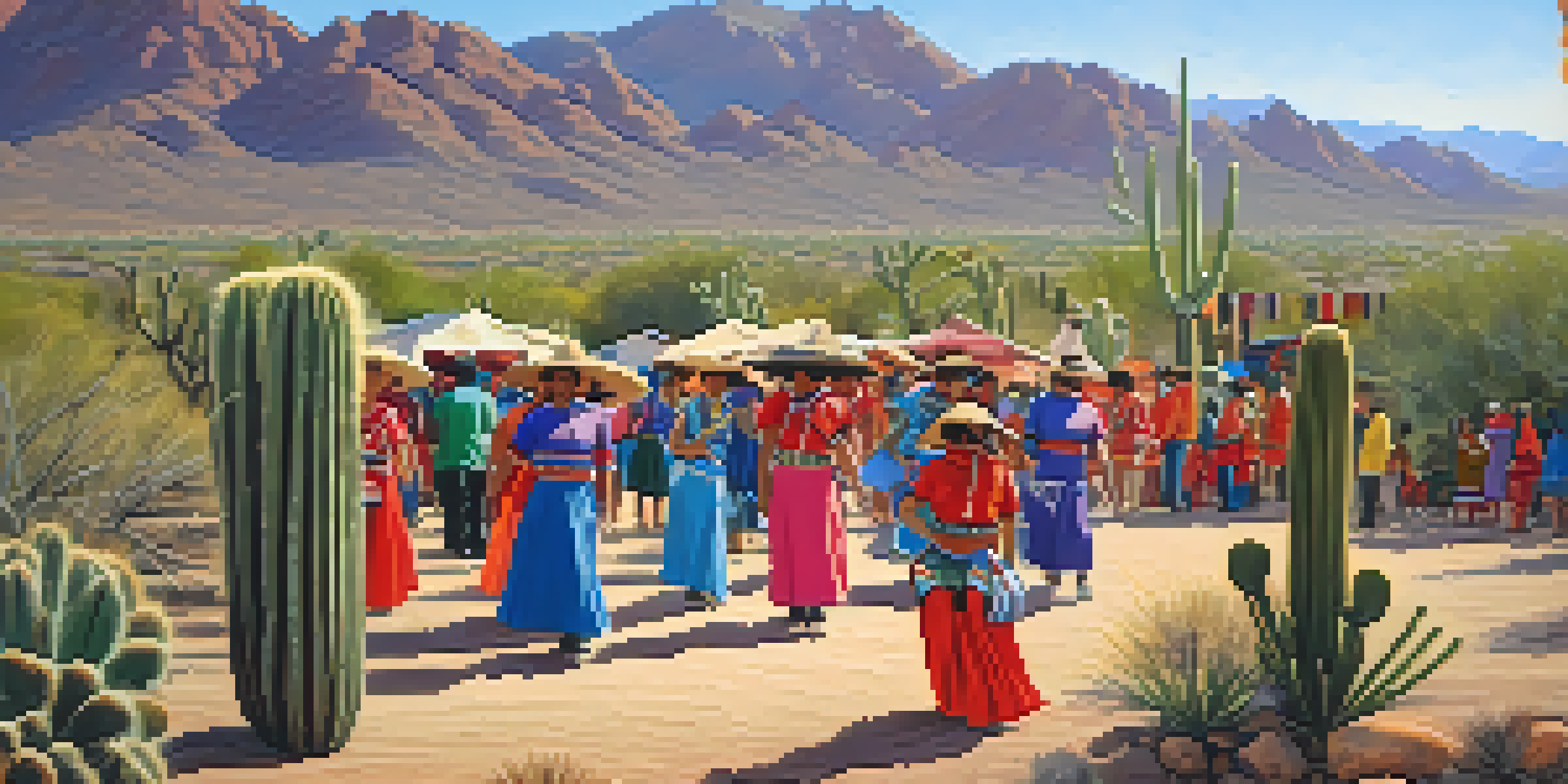 A lively outdoor festival showcasing Tohono O'odham culture with dancers in traditional attire and a desert backdrop.