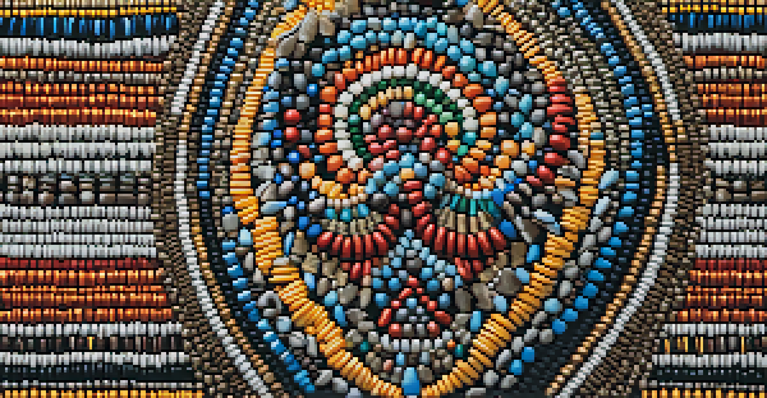 A close-up of intricate Native American beadwork featuring vibrant colors and traditional patterns on a soft fabric background.