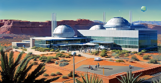 A view of the University of Arizona's Lunar and Planetary Laboratory with students working on satellite instruments in the foreground and desert landscape around.
