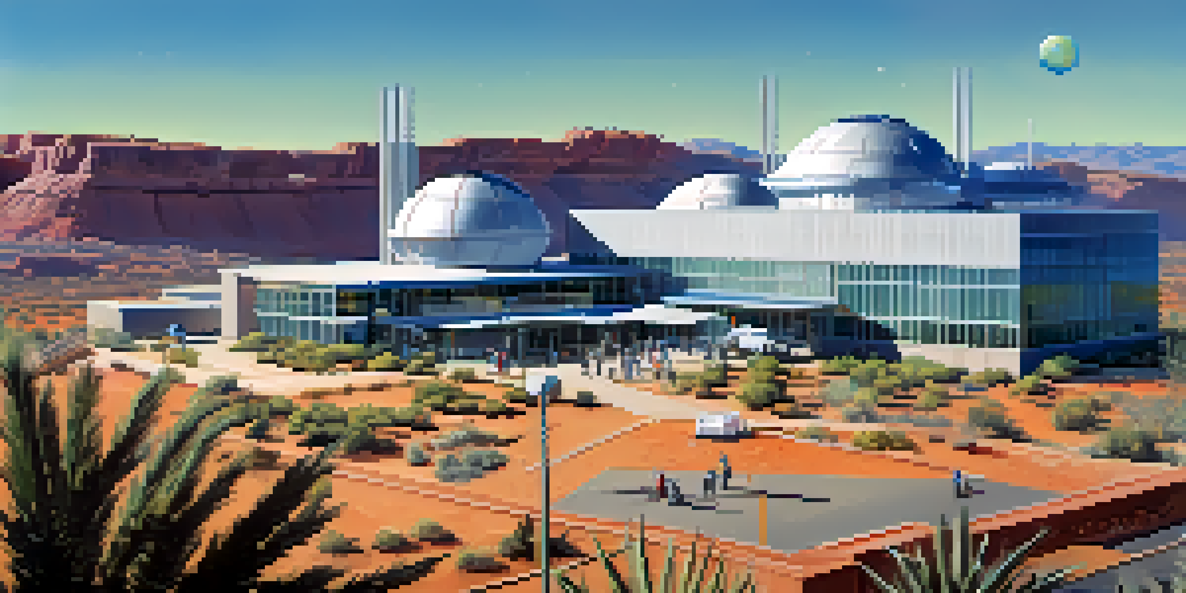 A view of the University of Arizona's Lunar and Planetary Laboratory with students working on satellite instruments in the foreground and desert landscape around.