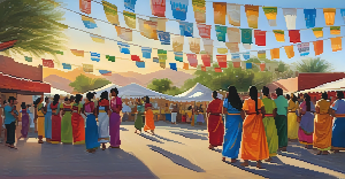 A lively outdoor festival in Tucson with diverse people dancing and colorful decorations under a sunset.