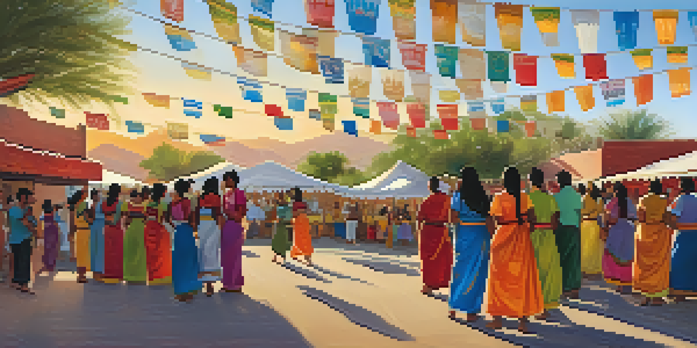 A lively outdoor festival in Tucson with diverse people dancing and colorful decorations under a sunset.