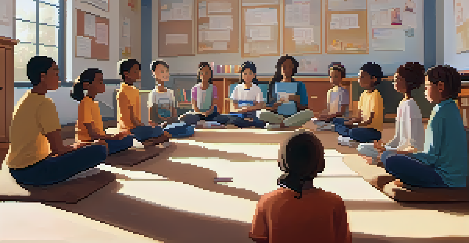 A teacher leading a mindfulness session with students sitting in a circle, creating a peaceful and calming classroom atmosphere.