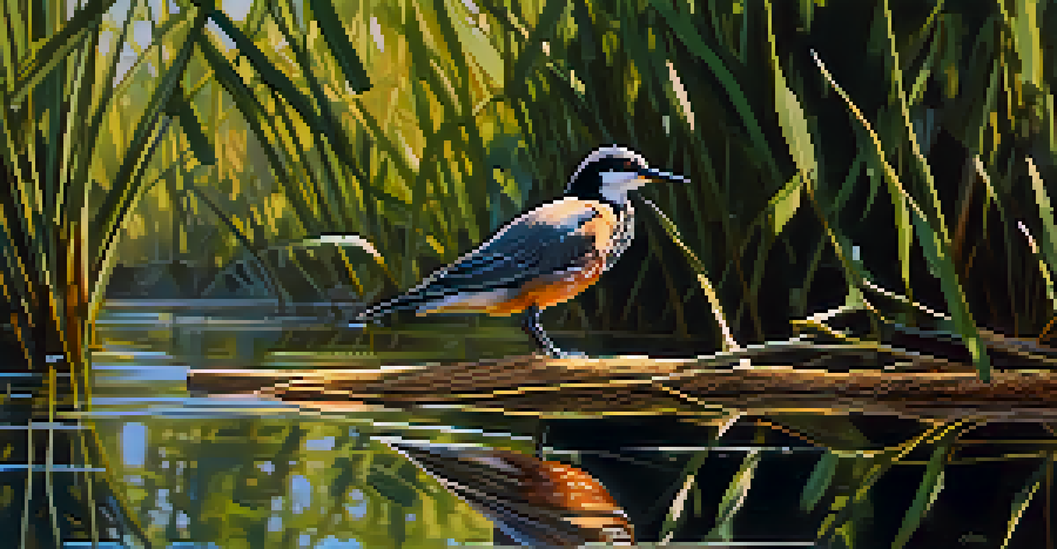 A close-up of a colorful migratory bird sitting on a branch in the Sweetwater Wetlands, with sunlight filtering through the surrounding greenery.