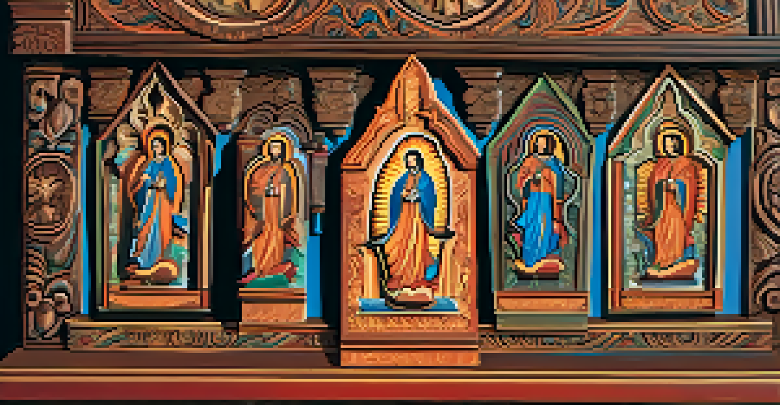 Close-up of a decorative retablo with intricate carvings and vibrant colors, showcasing cultural artistic influences.