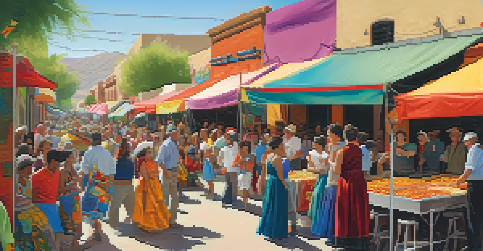 A vibrant cultural festival in Tucson's historic neighborhood with people celebrating, music, and food stalls.