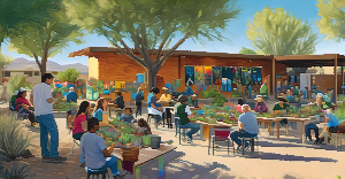 A lively community workshop in Tucson focusing on sustainability, featuring participants engaged in gardening and composting activities under dappled sunlight.