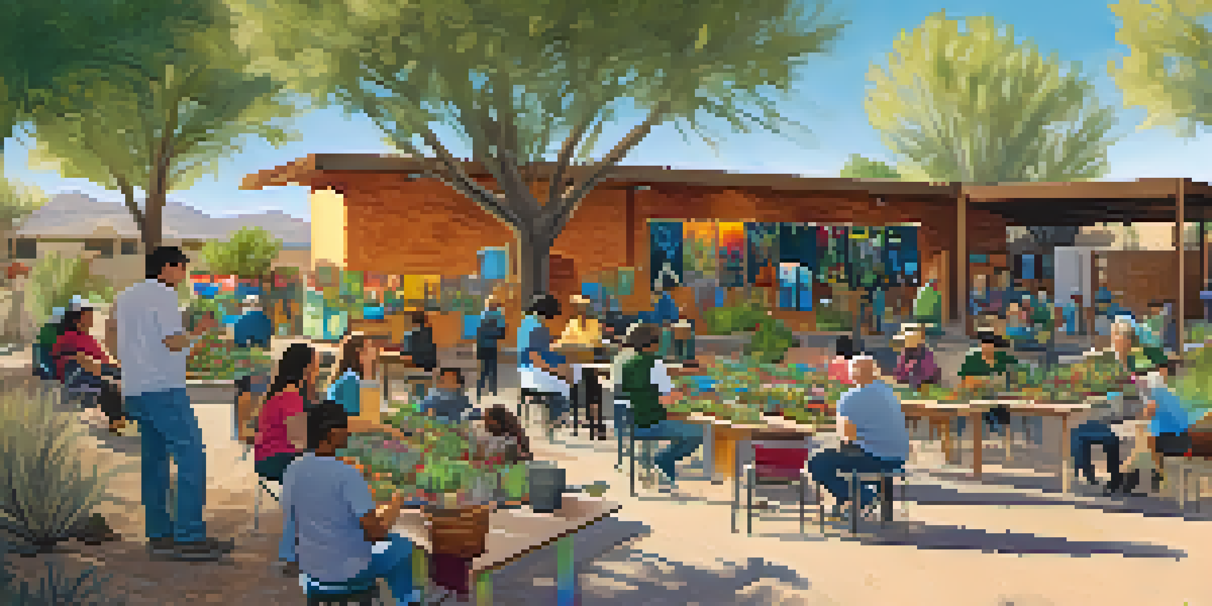 A lively community workshop in Tucson focusing on sustainability, featuring participants engaged in gardening and composting activities under dappled sunlight.