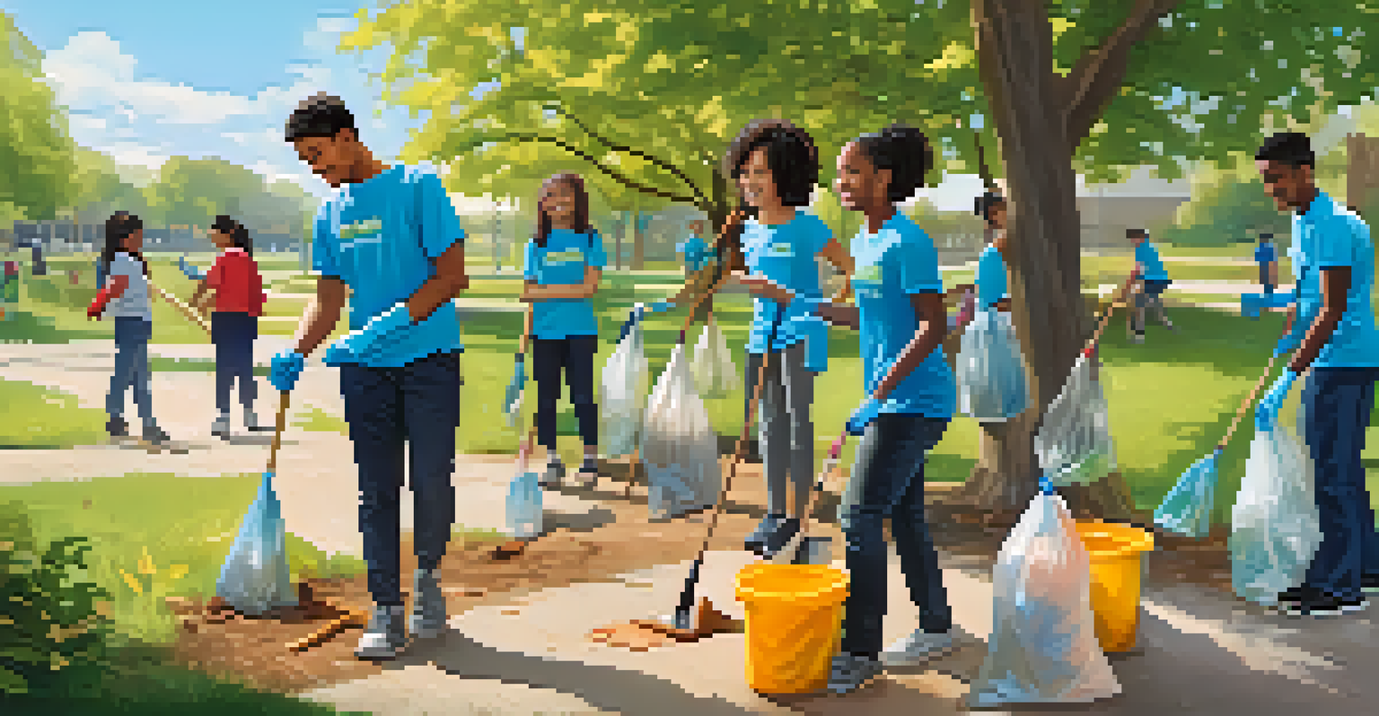 Students participating in a community cleanup activity in a park, smiling as they collect trash, with trees and a blue sky in the background.