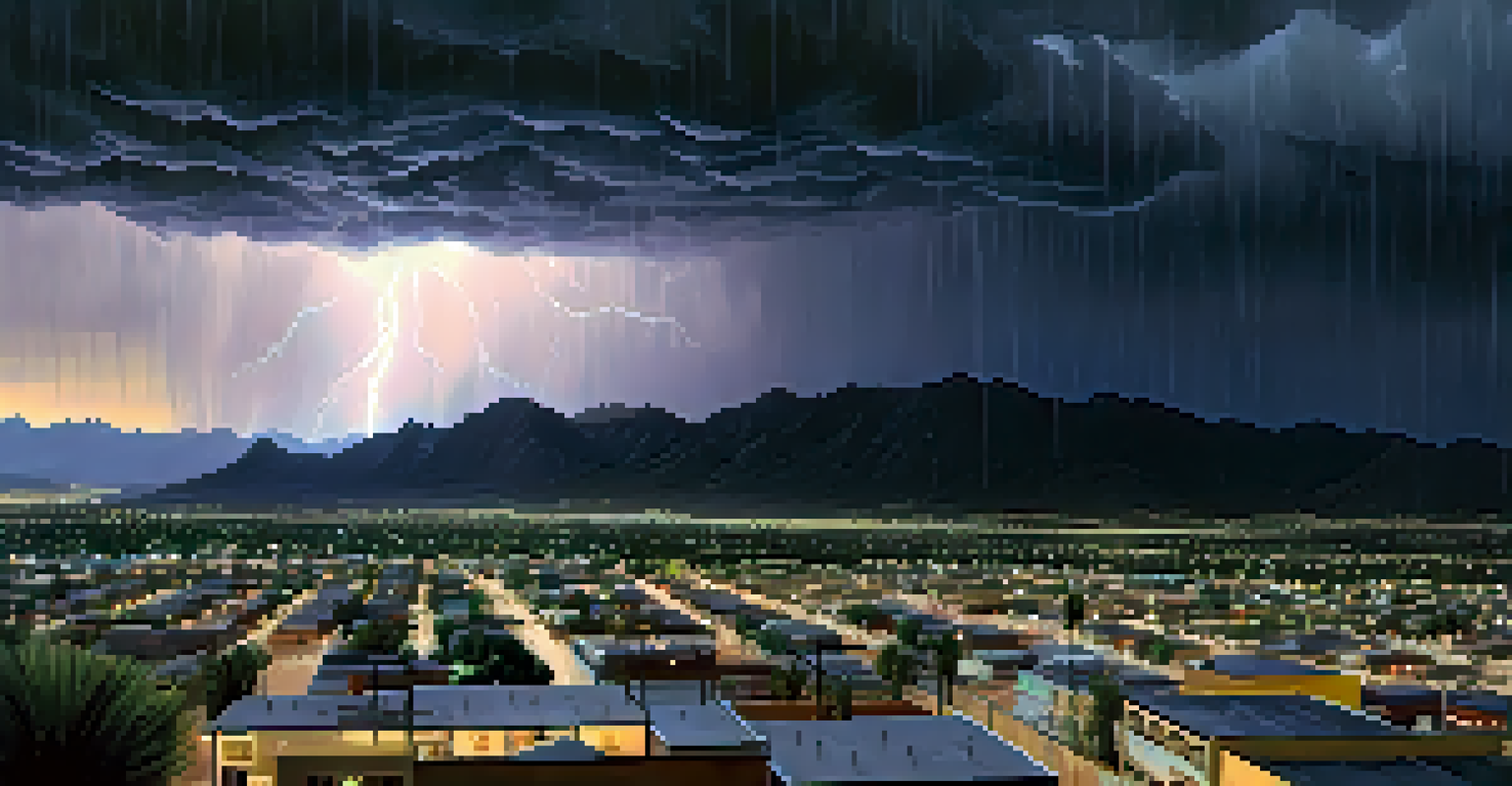 Aerial view of Tucson during a monsoon storm, with rain and lightning over the city.