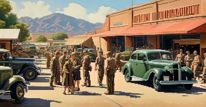 A historical scene depicting military personnel and Tucson residents at a supply depot during World War II, with 1940s vehicles and architecture.