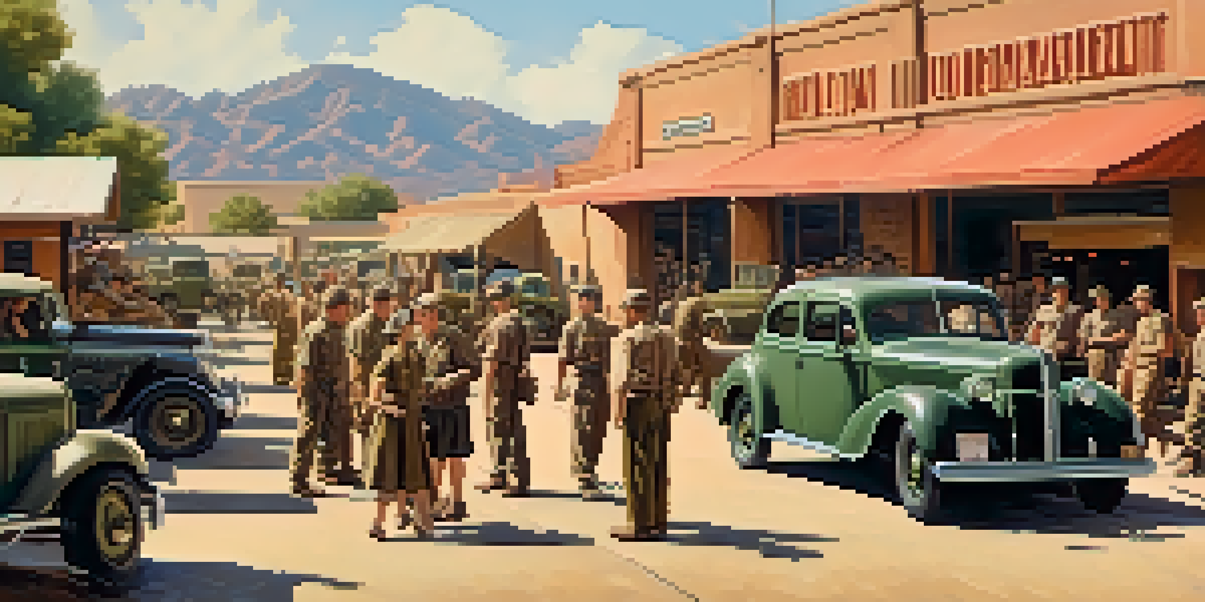 A historical scene depicting military personnel and Tucson residents at a supply depot during World War II, with 1940s vehicles and architecture.