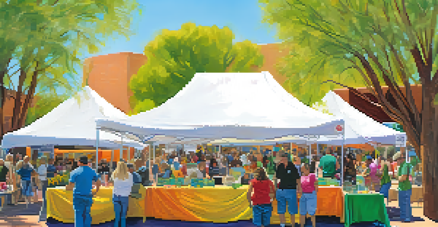 A lively community event in Tucson with booths on renewable energy, families interacting, and children participating in activities.