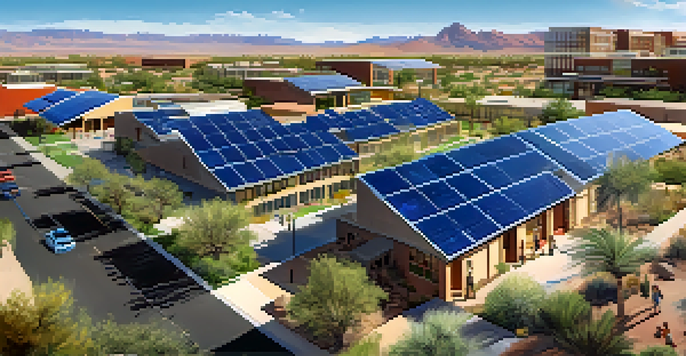 A wide-angle view of the University of Arizona with solar panels on buildings and students learning outdoors under a sunny sky.