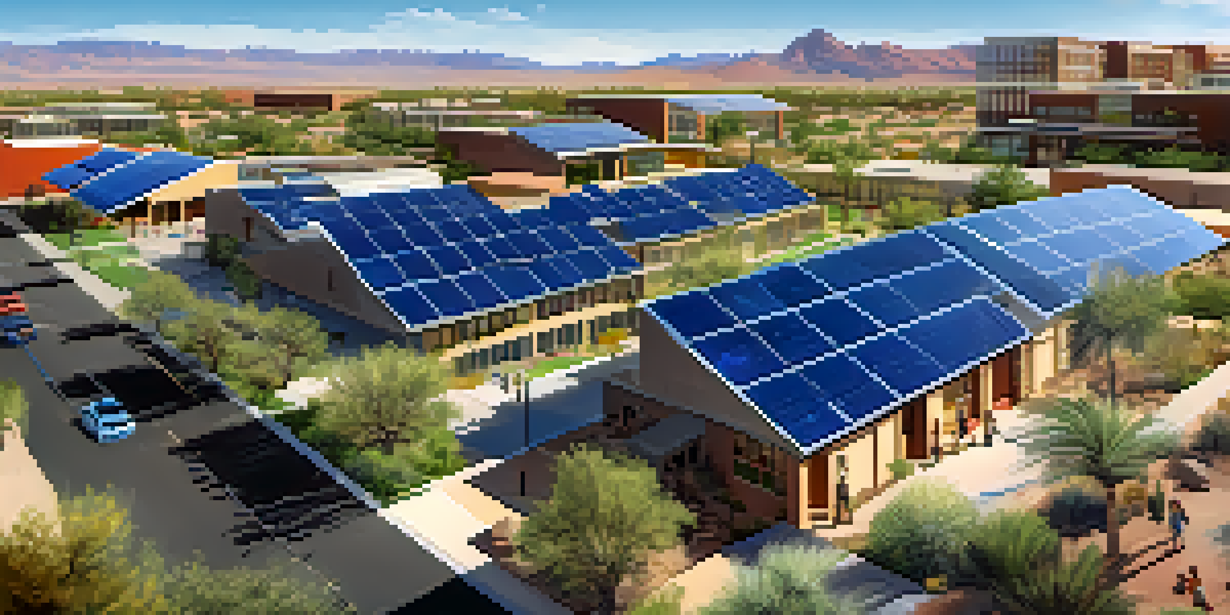 A wide-angle view of the University of Arizona with solar panels on buildings and students learning outdoors under a sunny sky.
