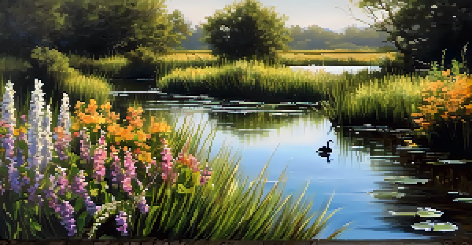 A serene view of Sweetwater Wetlands with a winding loop trail, vibrant flowers, and birds in a peaceful setting.