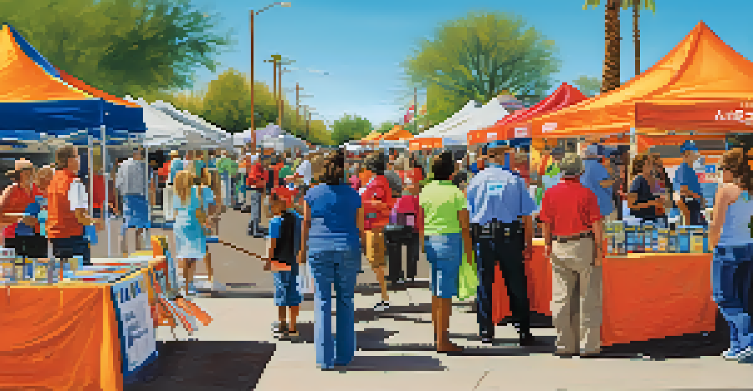 A community safety fair in Tucson with families learning about emergency preparedness resources, colorful booths, and a sunny blue sky.