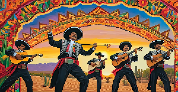 A group of mariachi musicians in traditional attire performing at an outdoor festival with a colorful audience and sunset lighting.