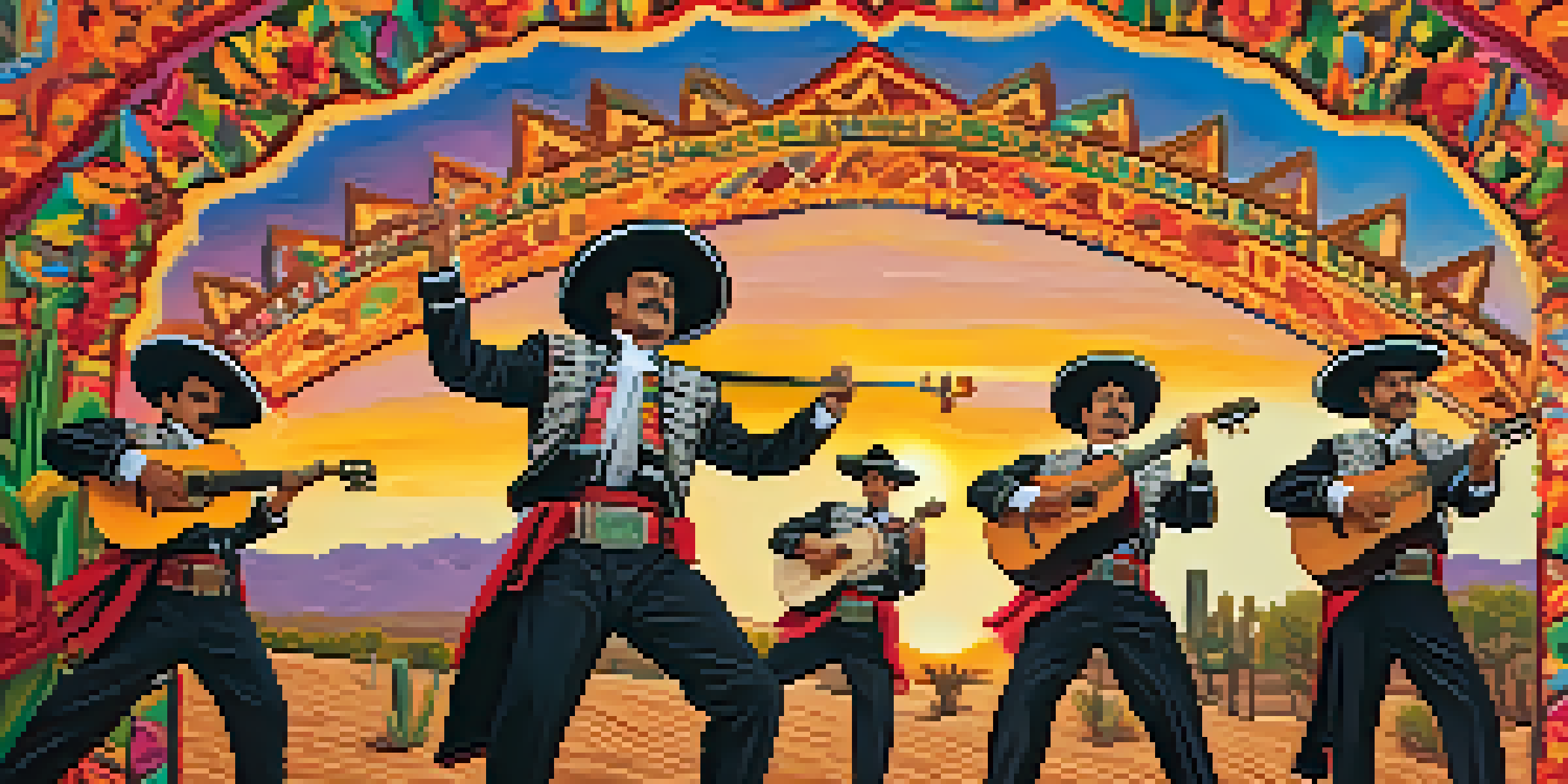 A group of mariachi musicians in traditional attire performing at an outdoor festival with a colorful audience and sunset lighting.