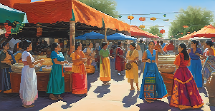 A lively festival scene in Tucson with diverse booths, traditional dancers in colorful costumes, and food stalls filled with authentic dishes under warm sunlight.