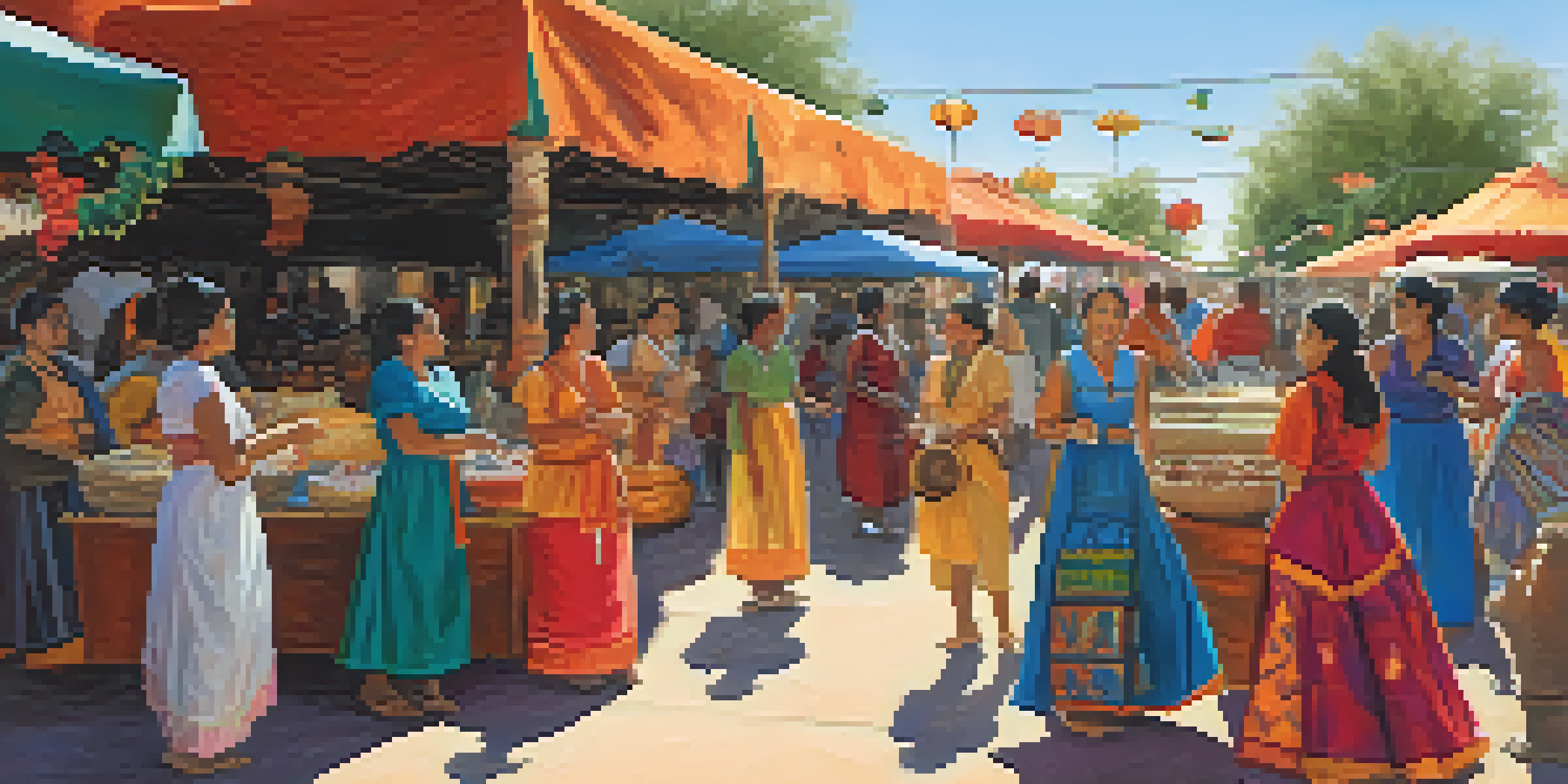 A lively festival scene in Tucson with diverse booths, traditional dancers in colorful costumes, and food stalls filled with authentic dishes under warm sunlight.