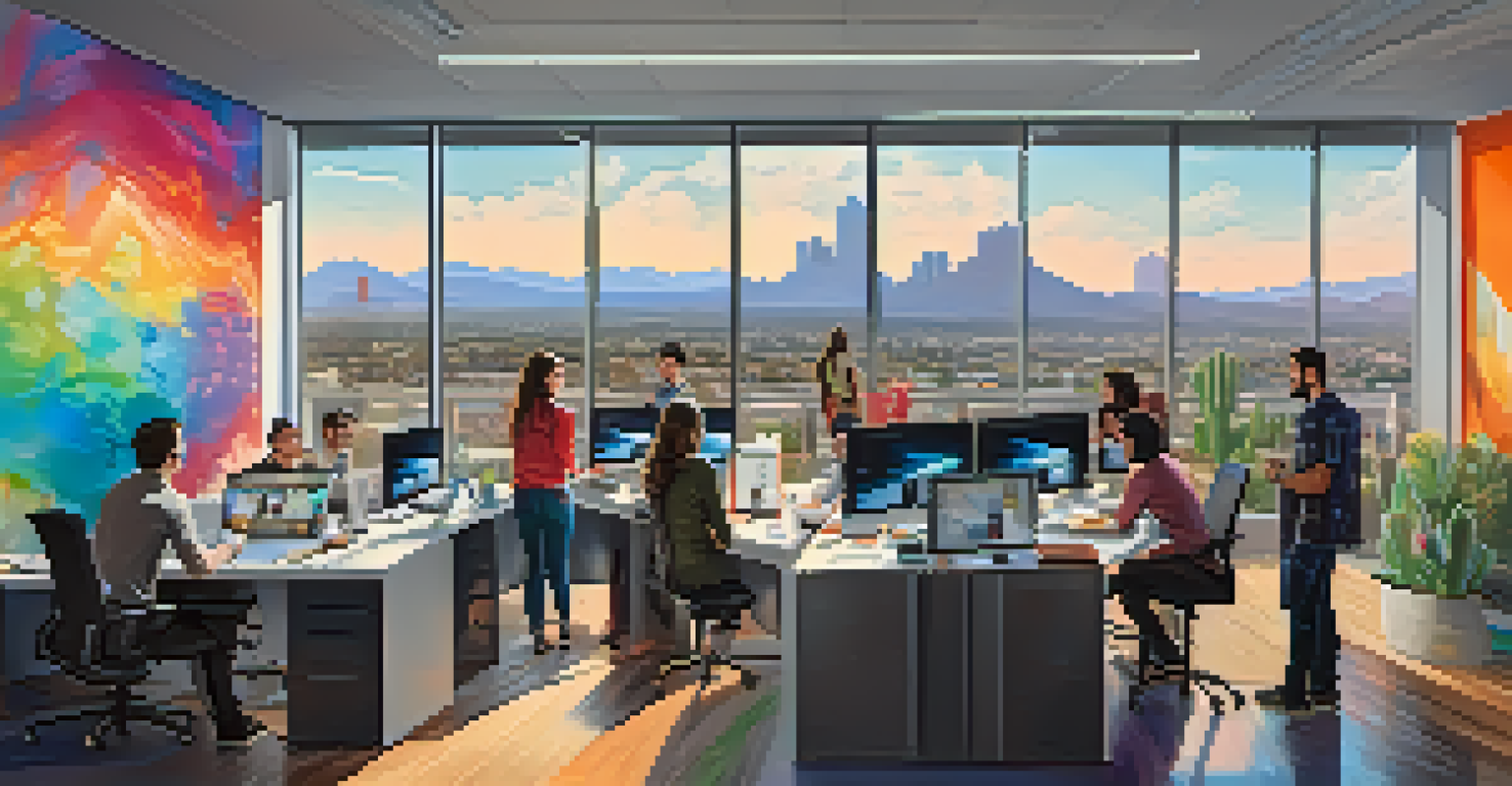 A tech startup office in Tucson with young entrepreneurs brainstorming ideas around a whiteboard.