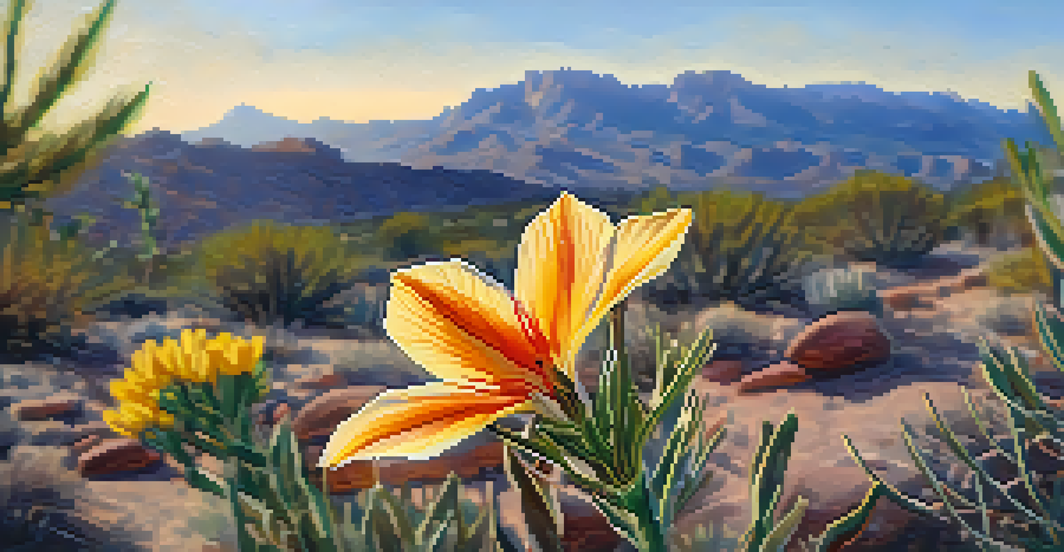 A colorful wildflower in focus with the mountains blurred in the background, illuminated by sunlight.