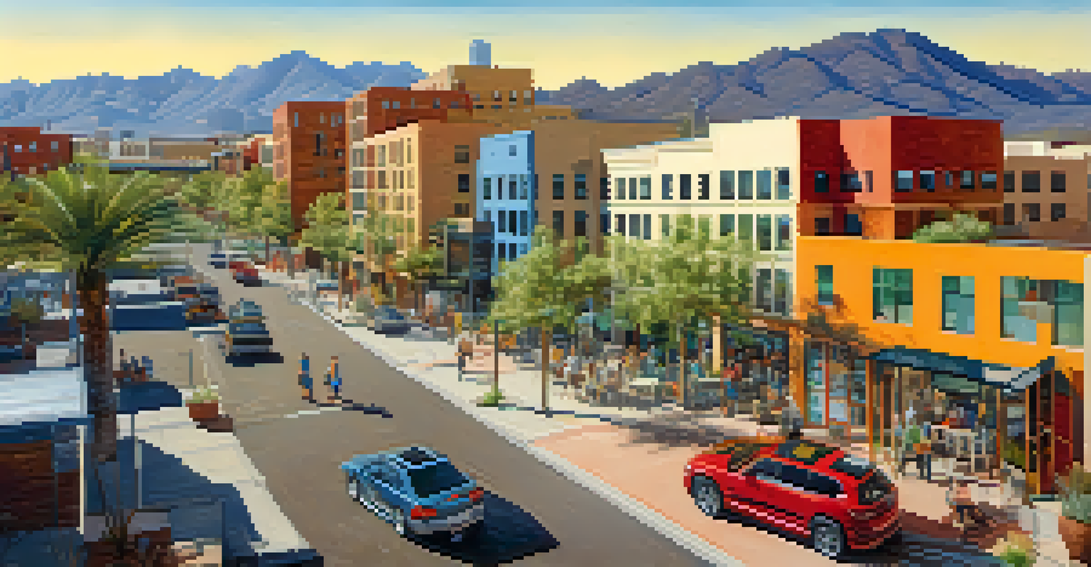 A vibrant downtown Tucson scene with mixed-use buildings, rooftop gardens, and people enjoying communal spaces.