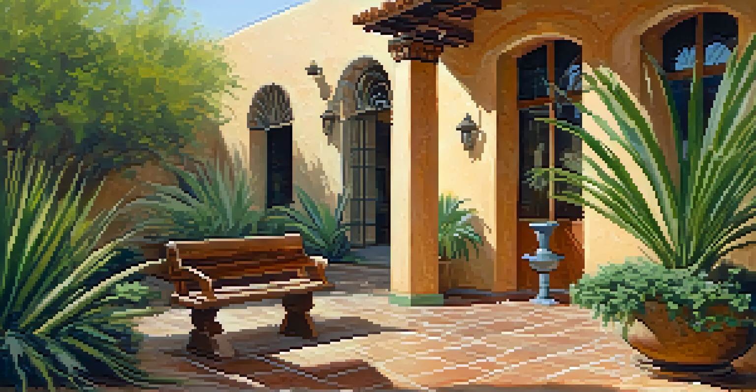 A tranquil courtyard of a Spanish colonial home in Tucson with a fountain, lush plants, and colorful tiles bathed in warm sunlight.