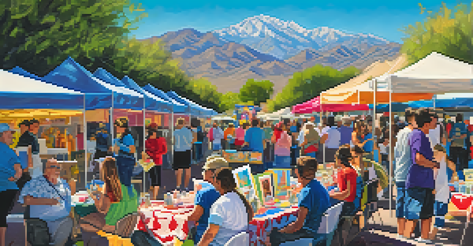 A community art event in Tucson with students displaying their artwork, surrounded by families and bright decorations, set against the backdrop of Tucson's mountains.