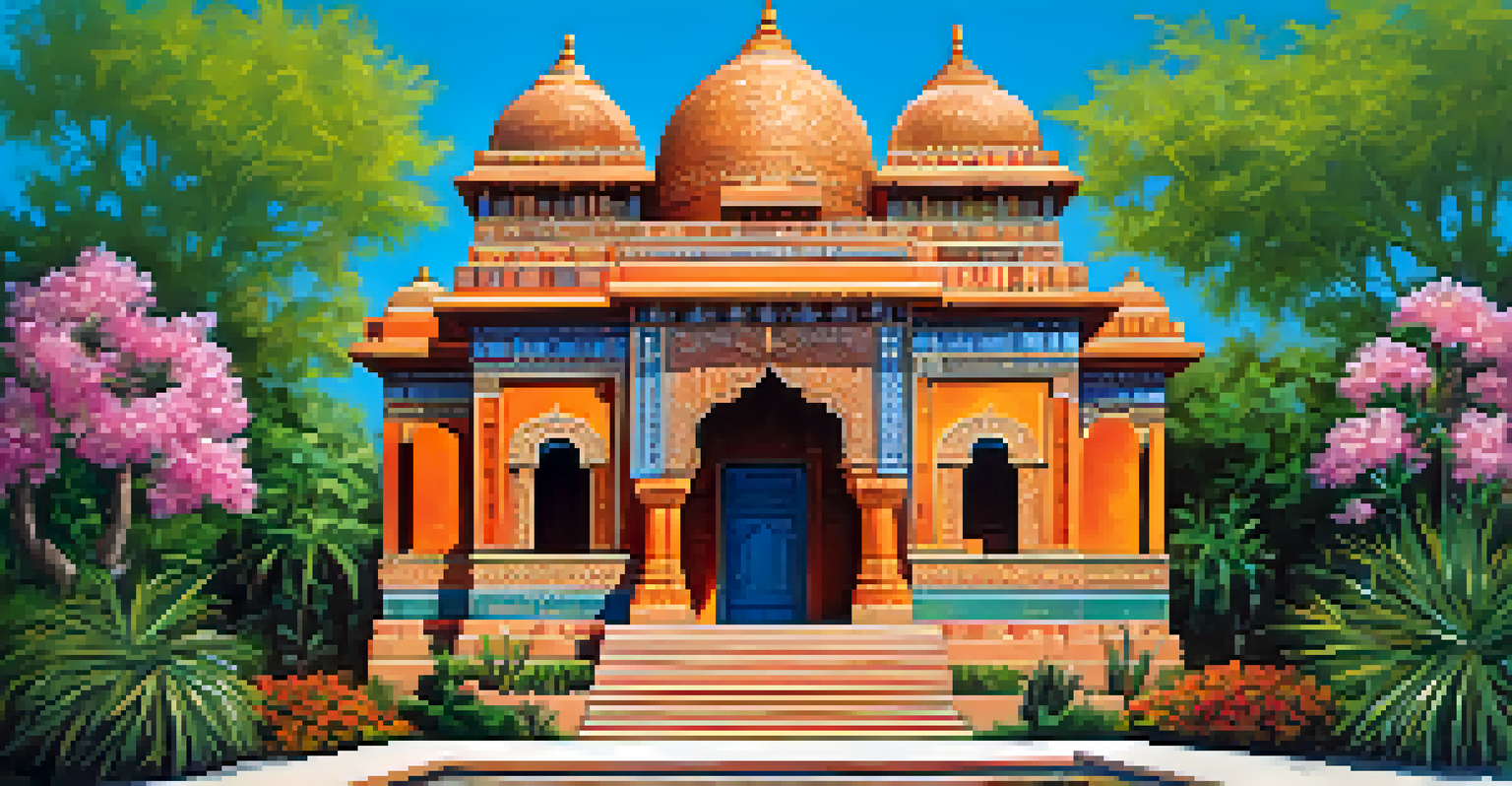 Exterior view of the Hindu Temple of Tucson, featuring intricate carvings and vibrant colors amidst lush greenery.