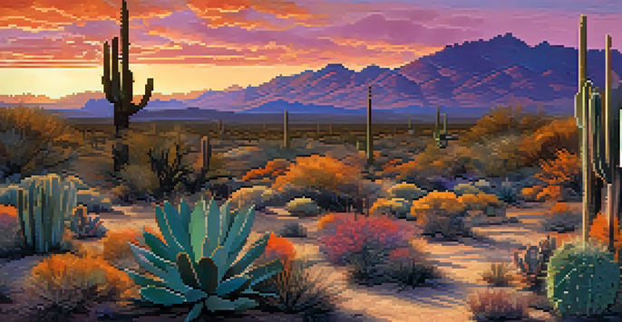 A panoramic view of Tucson's desert landscape at sunset with vibrant skies, silhouetted cacti, and distant mountains.