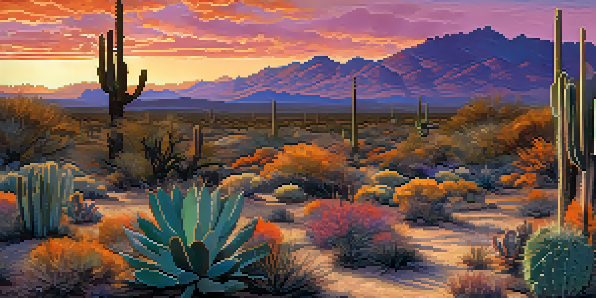 A panoramic view of Tucson's desert landscape at sunset with vibrant skies, silhouetted cacti, and distant mountains.