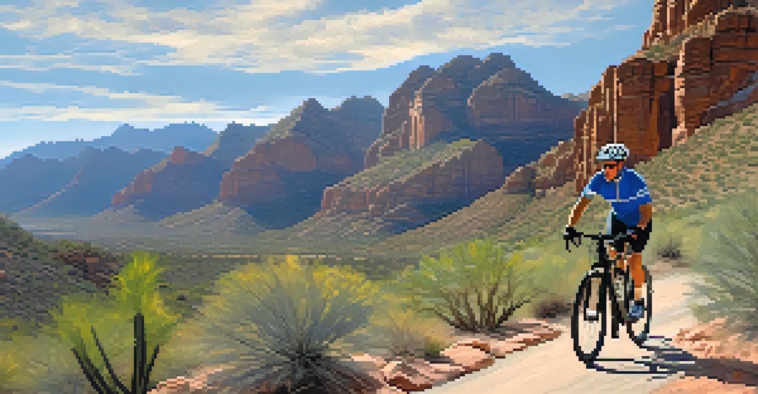 An experienced cyclist riding through a rugged trail in Sabino Canyon, surrounded by rocky cliffs and desert plants.