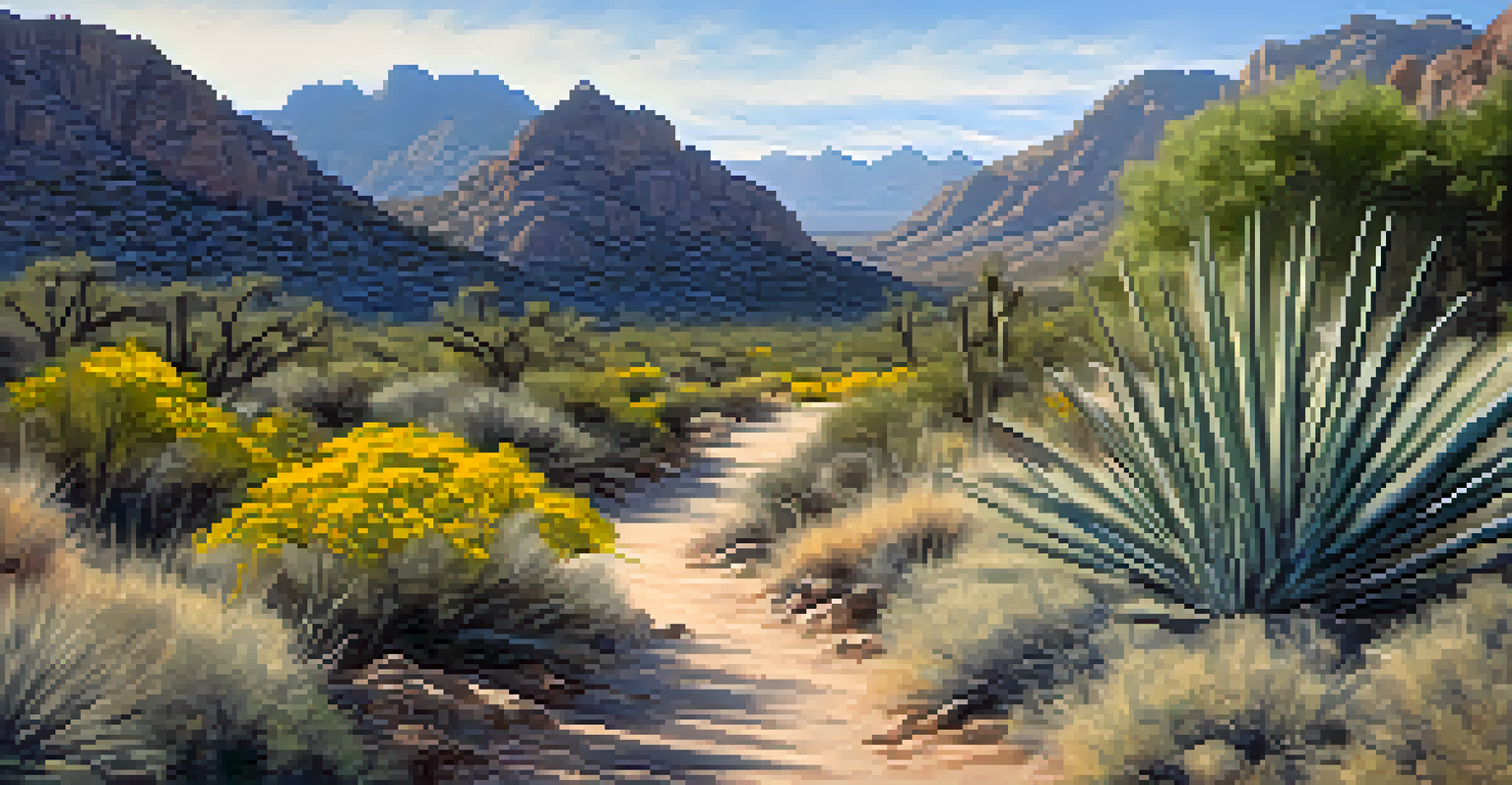 A scenic hiking trail in Catalina State Park with desert flora, leading to the Santa Catalina Mountains, featuring a Black-throated Sparrow on a branch.
