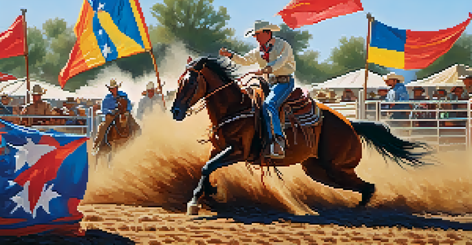 A lively rodeo scene with cowboys and cowgirls competing in bull riding, surrounded by an excited crowd and colorful banners.