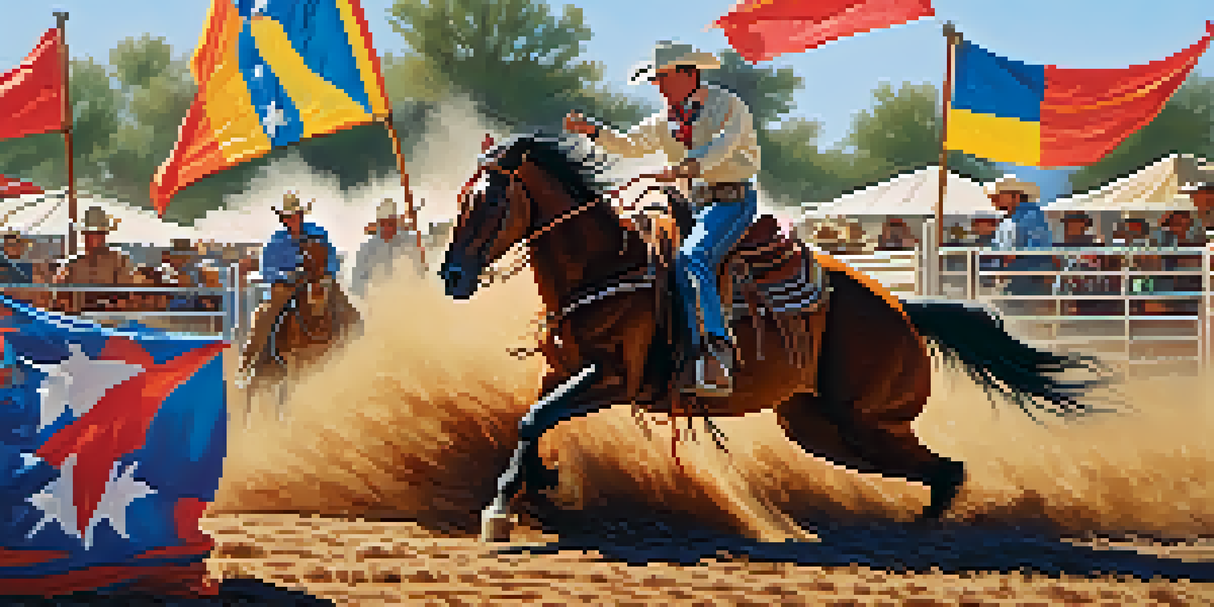 A lively rodeo scene with cowboys and cowgirls competing in bull riding, surrounded by an excited crowd and colorful banners.
