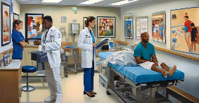 A sports medicine clinic in Tucson with healthcare professionals assisting athletes, showcasing modern medical equipment and promotional materials for injury prevention.