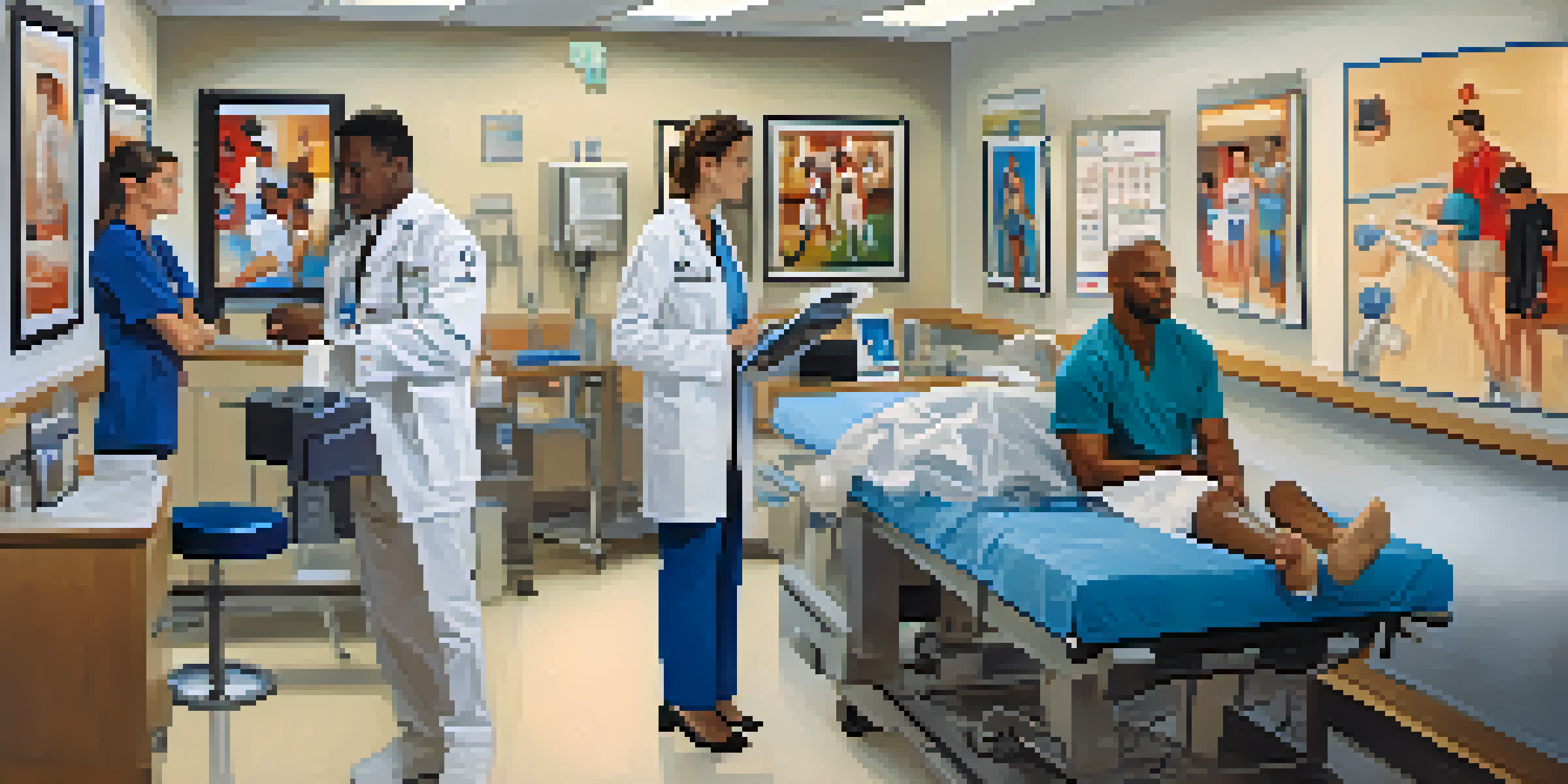 A sports medicine clinic in Tucson with healthcare professionals assisting athletes, showcasing modern medical equipment and promotional materials for injury prevention.